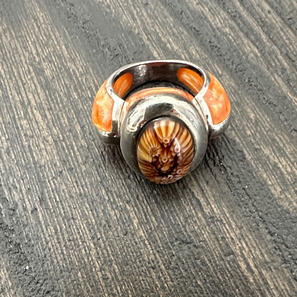 Silver and Orange murano glass ring size 7
